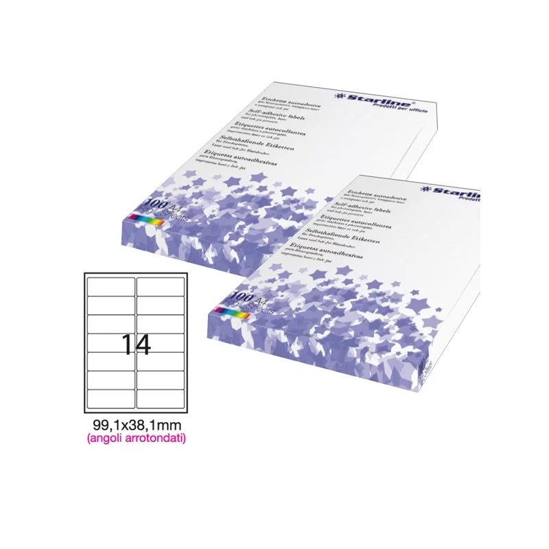 Etichetta adesiva bianca 100fg A4 99,1x38,1mm (14et/fg) angoli tondi STARLINE