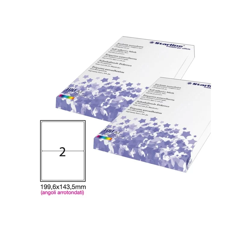 Etichetta adesiva bianca 100fg A4 199,6x143,5mm (2et/fg) angoli tondi STARLINE