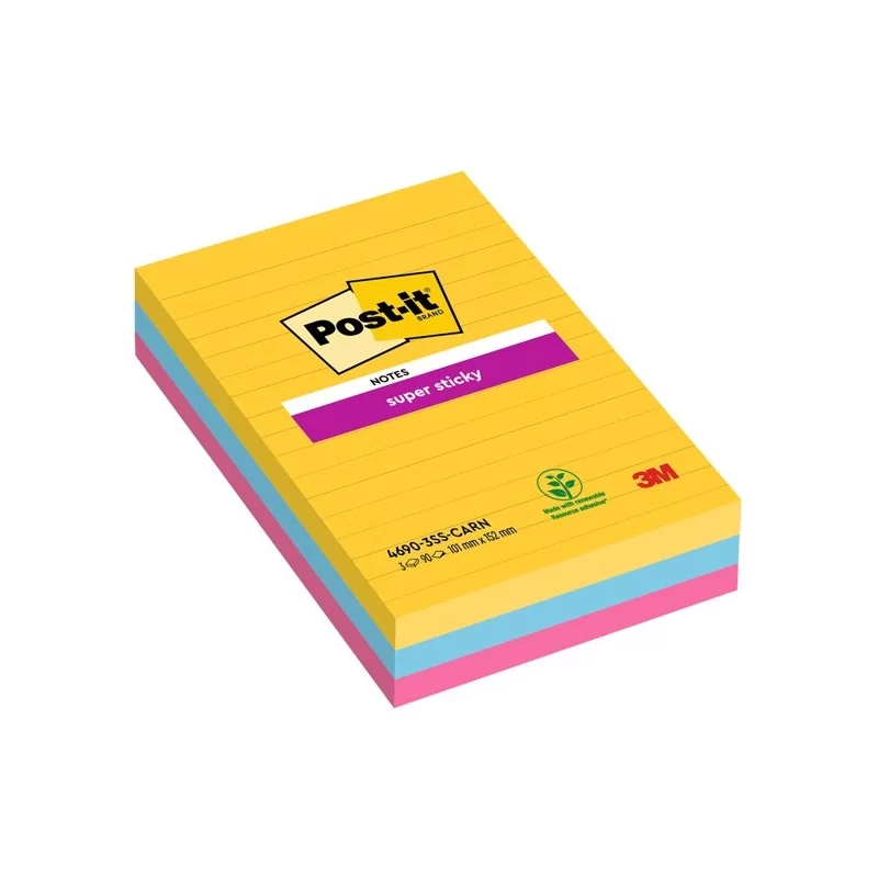Cf.3pz blocco 90fg. Post-it®Super Sticky RIGHE 101x152mm 4690-3SS-CARN Carnival