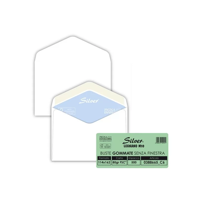 500 buste Silver gommata bianca s/finestra 114x162mm 80gr Pigna Envelopes