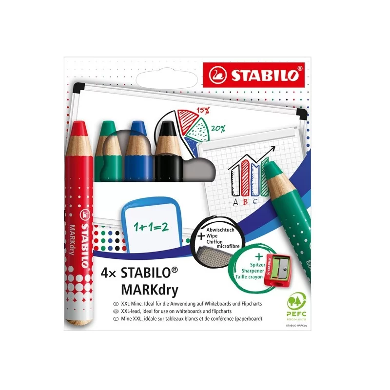 Astuccio 4 matitoni per lavagne STABILO MARKdry + temperino + panno microfibra
