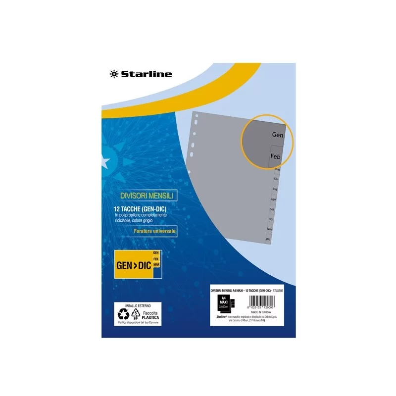 Divisori mensili (GEN-DIC) in PP 12 tacche F.to A4 MAXI 24,5X30cm Grigio Starlin