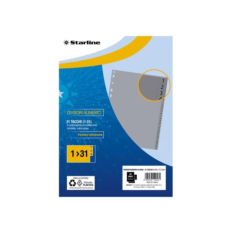 Divisori numerici (1-31) in PP 31 tacche F.to A4 MAXI 24,5x30cm Grigio Starline