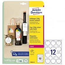 Cartellini stampabili bordi lisci Ø60mm 10fg(12cart/fg) bianco Avery