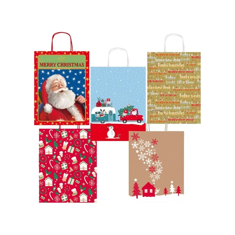 Shopper carta kraft c/manici in carta ritorta 16x21x8cm fant. natale Sadoch (Conf.25) FUORI CATALOGO