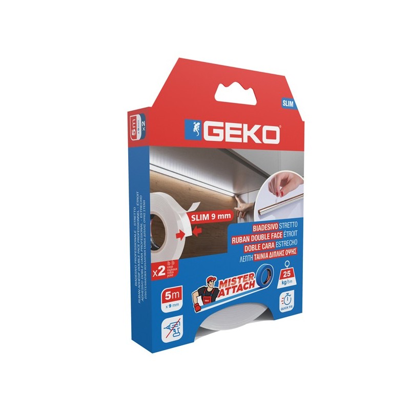 Conf 2 Nastri biadesivi SLIM Mister Attach 9mmx5m bianco Geko