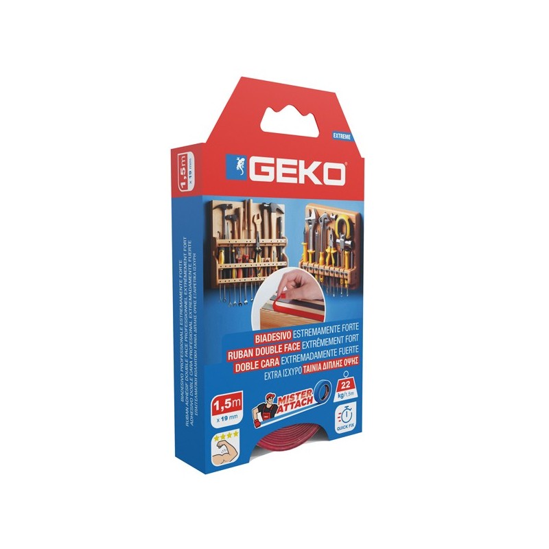 Nastro biadesivo EXTREME Mister Attach 19mmx1,5m grigio/rosso Geko
