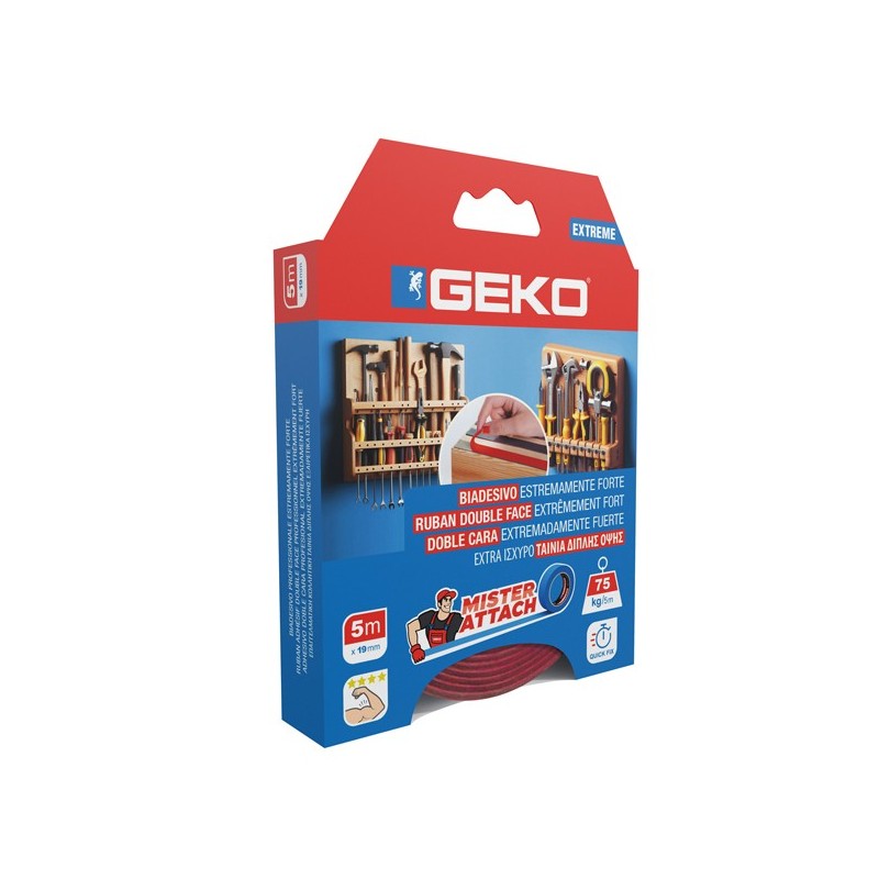 Nastro biadesivo EXTREME Mister Attach 19mmx5m grigio/rosso Geko