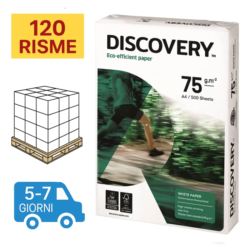 Mezzo Bancale Carta per fotocopie A4 Discovery 75 gr  Risma da 500 fogli (Quarter Pallet 120 risme)