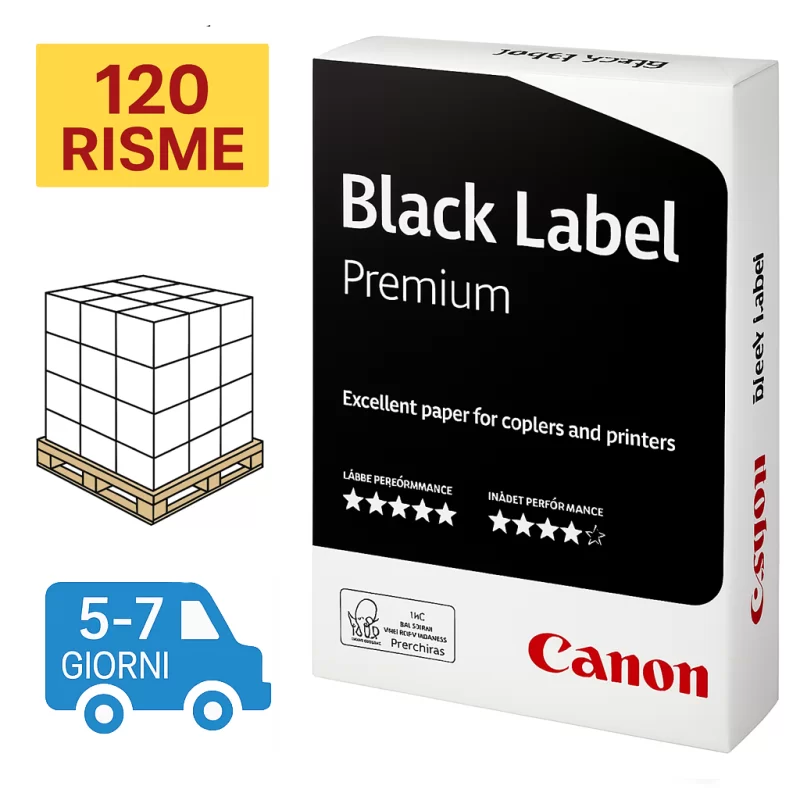 Mezzo Bancale Carta per fotocopie A4 Black Label Office Canon 80 gr bianco risma da 500 fogli (Pallet 120 risme)