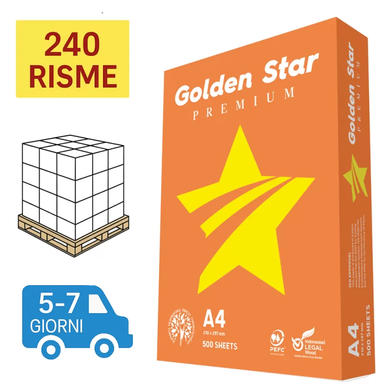 Bancale Carta per fotocopie A4 Golden Star Arancio APP 70 gr bianco risma da 500 fogli (Pallet 240 risme)