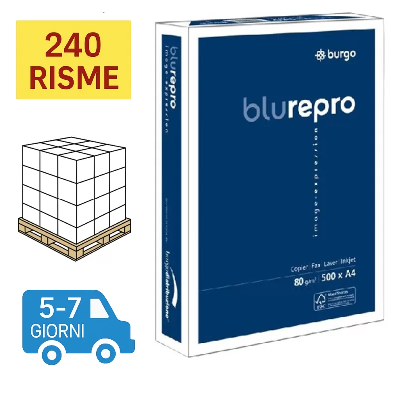 Bancale Carta per fotocopie A4 Burgo Repro Blu A4 - Premium Quality 80 gr bianca Risma 500 fogli (Pallet 240 risme)