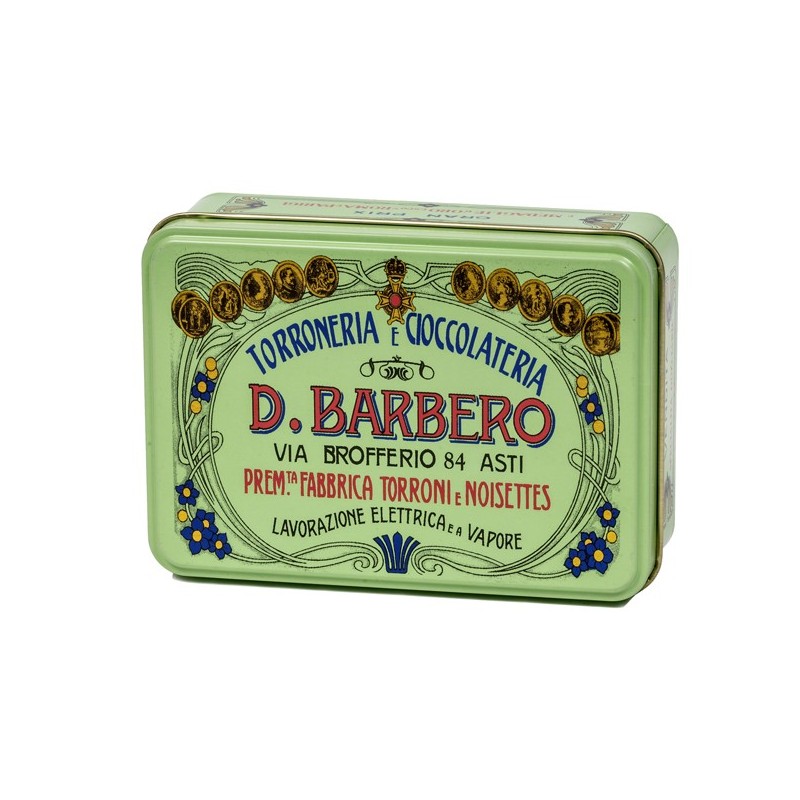 Scrigno regalo verde in metallo con torroni ricoperti friabili 100gr Barbero FUORI CATALOGO