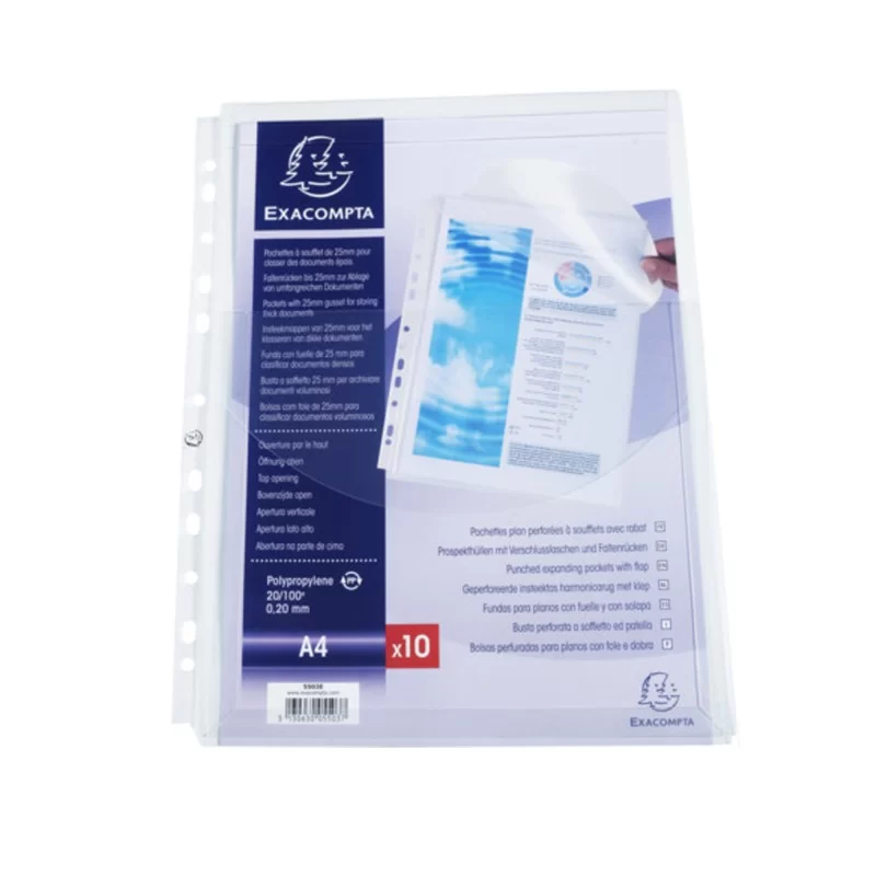 10 Buste forate c/soffietto e patella PPL liscio A4 5503E Exacompta (Conf.5)