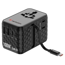 Adattatore da viaggio universale GaN III con cavo USB-C retrattile - Nero_Verbat