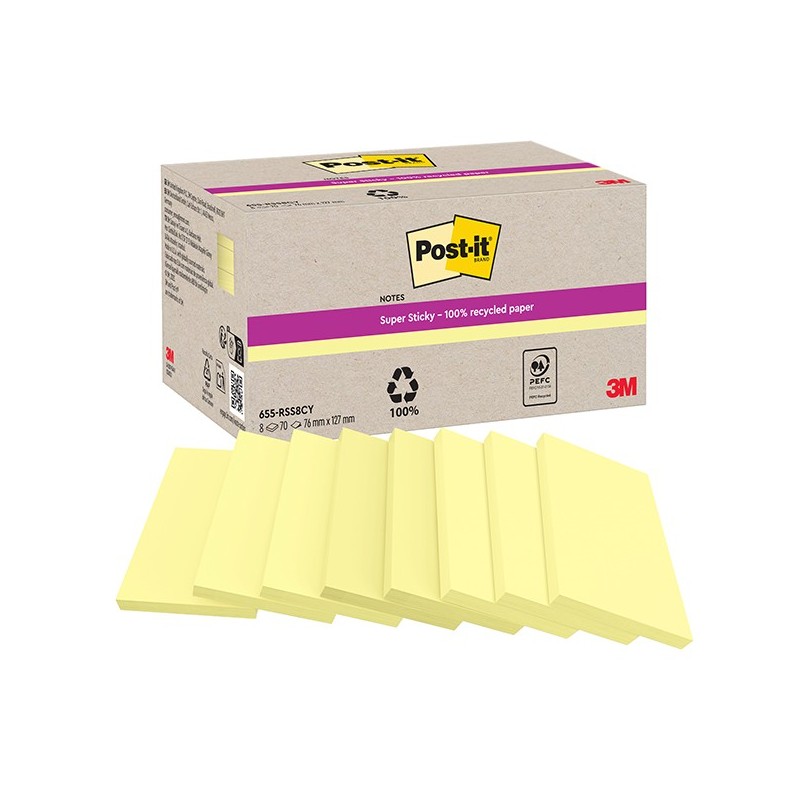 Cf. 8pz blocco 70fg Post-it®SuperSticky carta riciclata 76x127mm 622R-SS8CY gial