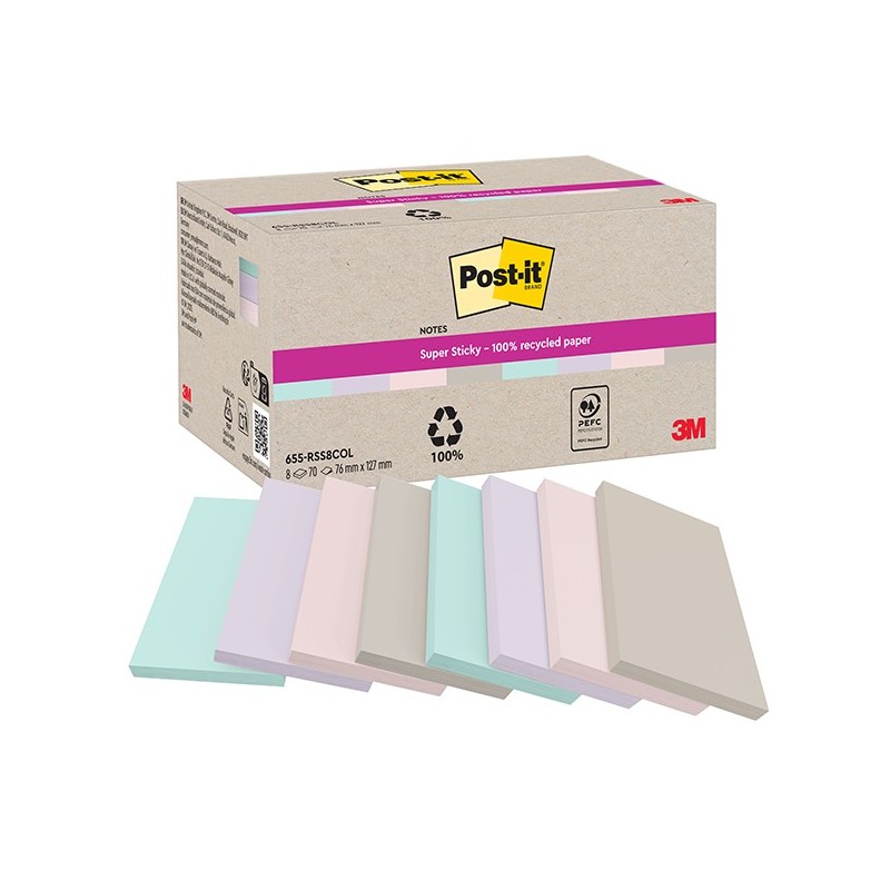 Cf. 8pz blocco 70fg Post-it®SuperSticky carta riciclata 76x127mm 622R-SS8COL ass