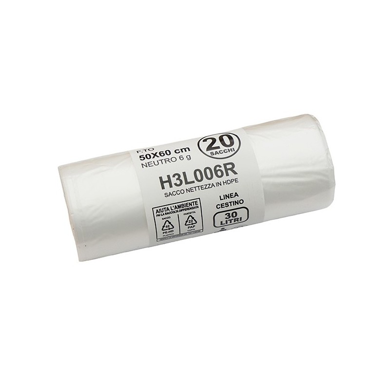 20 sacchi rifiuti 30L 50x60cm 15my HDPE neutro Bio Extrusion