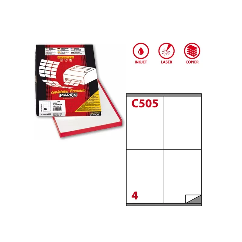 Etichetta adesiva C/505 bianca 100fg A4 105x140mm (4et/fg) Markin