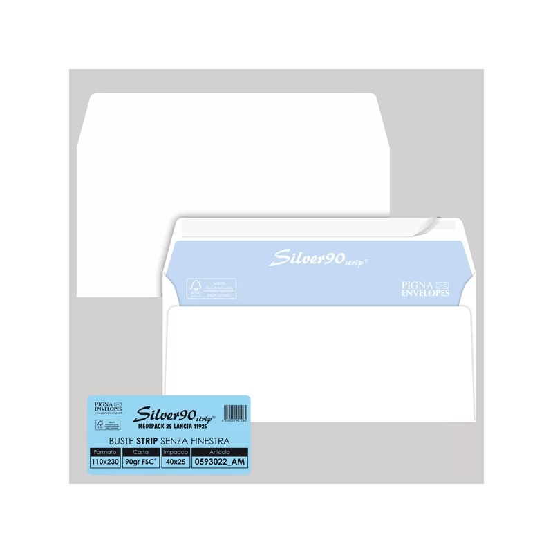 25 buste SILVER90 STRIP FSC®bianca internografata s/finestra110x230mm90gr Pigna