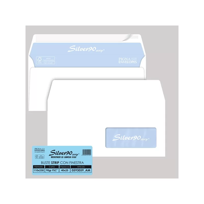 25 buste SILVER90 STRIP FSC® bianca internografata c/finestra110x230mm90gr Pigna