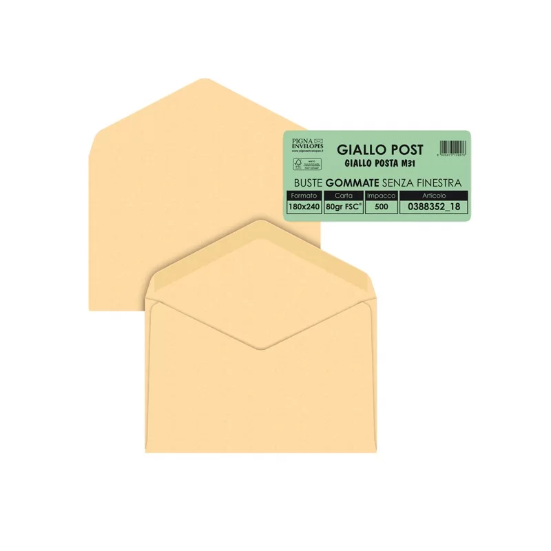 500 buste GIALLO POSTALE gommata carta riciclata FSC® 180x240mm 80gr Pigna