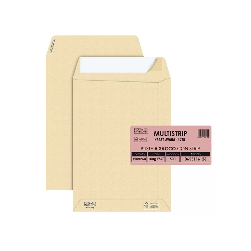 500 buste saccoMULTI STRIPavana carta ric. FSC®strip ades.190x260mm 100gr Pigna