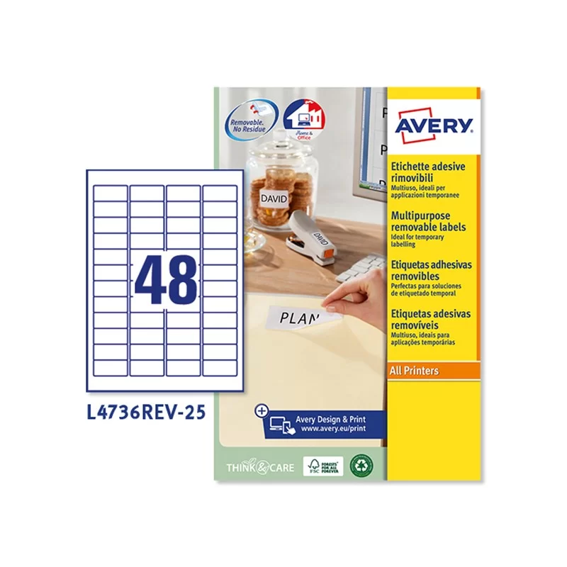 Etichetta adesiva L4736REV bianca rimovibili 25fg A4 45,7x21,2mm (48et/fg) laser