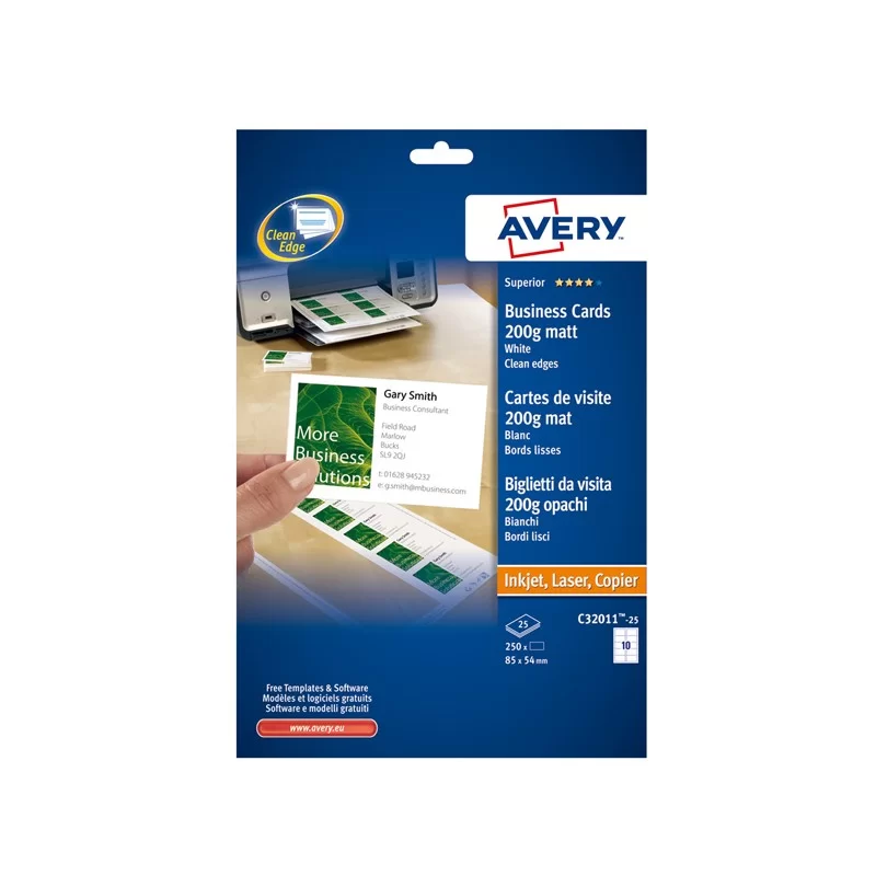 250 BIGLIETTI VISITA 85x54mm BIANCO LASER 200gr QuickClean™ AVERY
