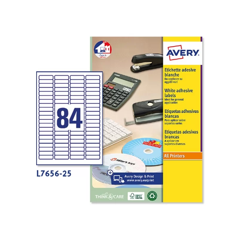 Etichette adesive L7656 bianche 25fg A4 46x11,1mm (84et/fg) inkjet/laser Avery