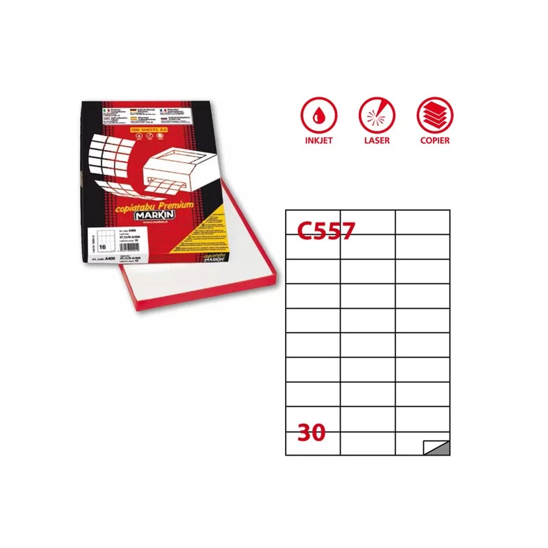 Etichetta adesiva C/557 bianca 100fg A4 70x29,7mm (30et/fg) Markin