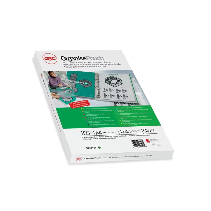 Scatola 100 pouches 2x125mic 228x303mm A4+ pre-forata Organise GBC