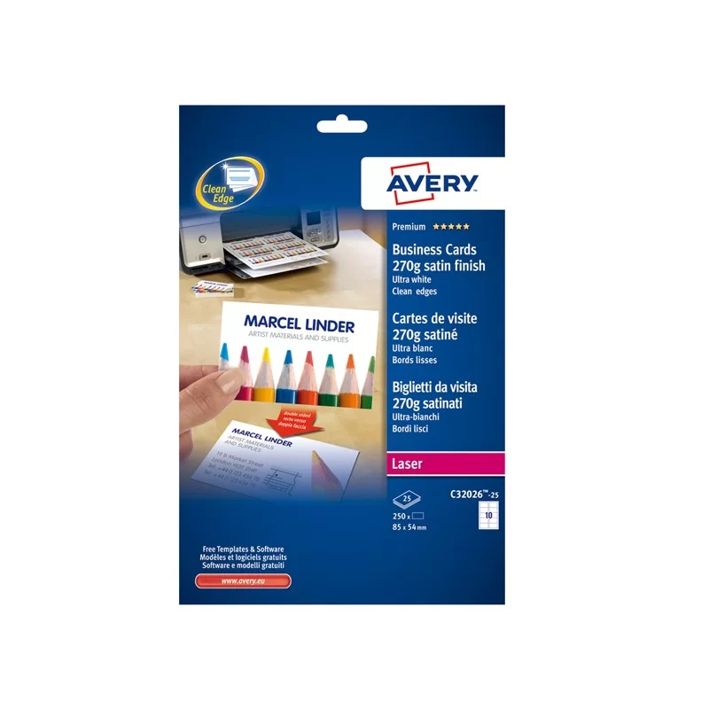 250 BIGLIETTI VISITA 85x54mm LASER 270gr fronte/retro QuickClean™ AVERY