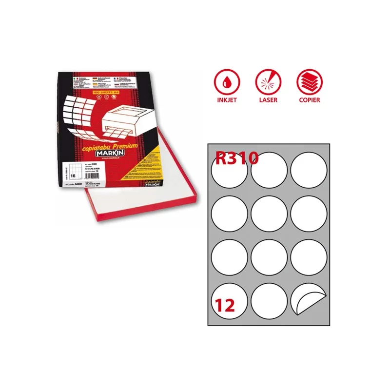 Etichetta adesiva R/310 bianca 100fg A4 tonda Ø60mm (12et/fg) Markin