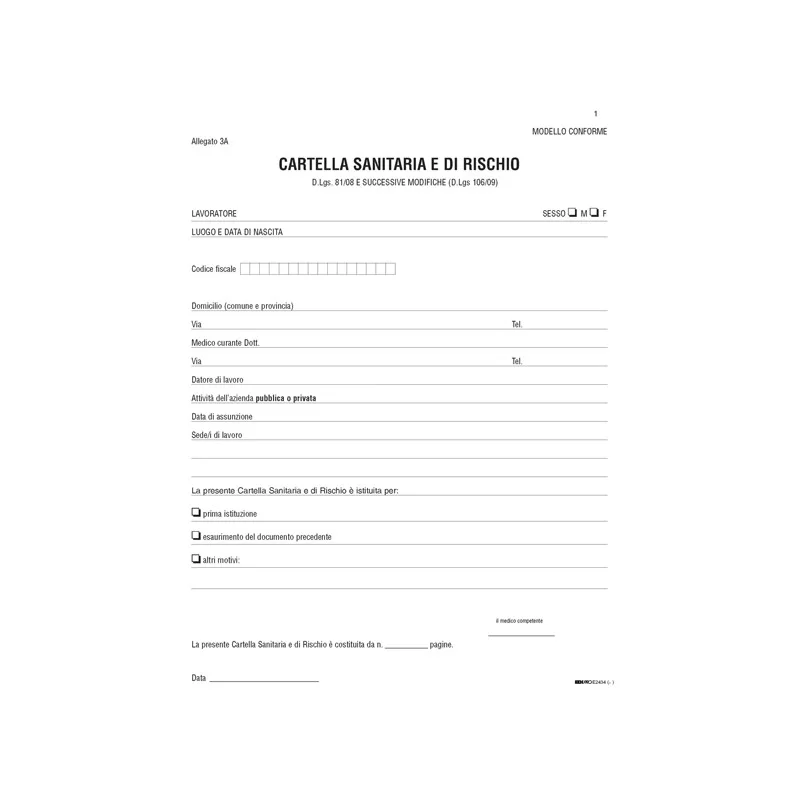 CARTELLA SANITARIA DI RISCHIO per lavoratori esposti ad agenti cancerogeni E2434