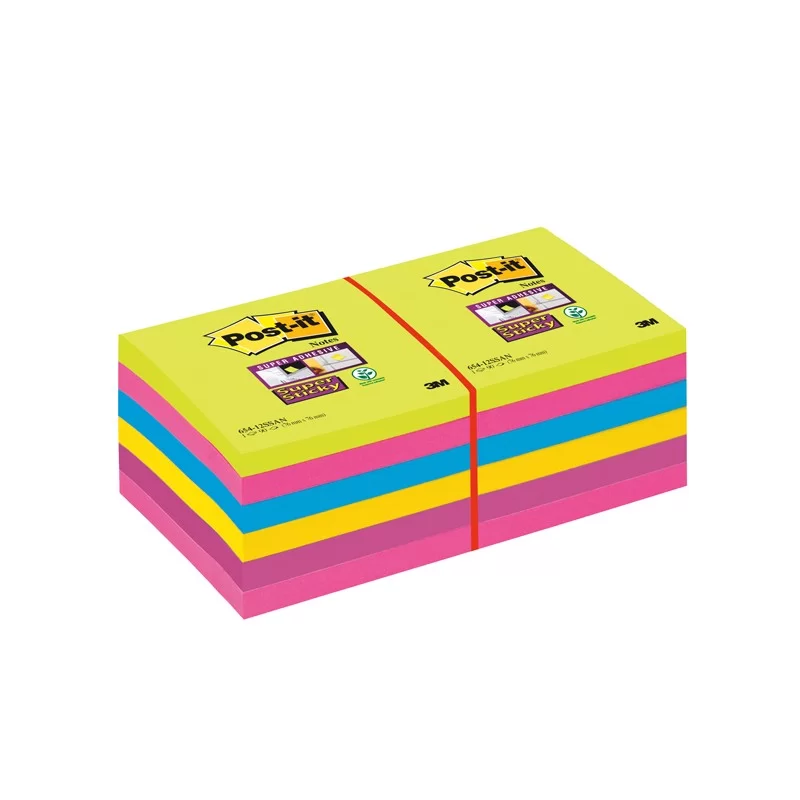 BLOCCO 90foglietti Post-it® Super Sticky 76x76mm ULTRACOLOR 654-12SSUCC (Conf.12)