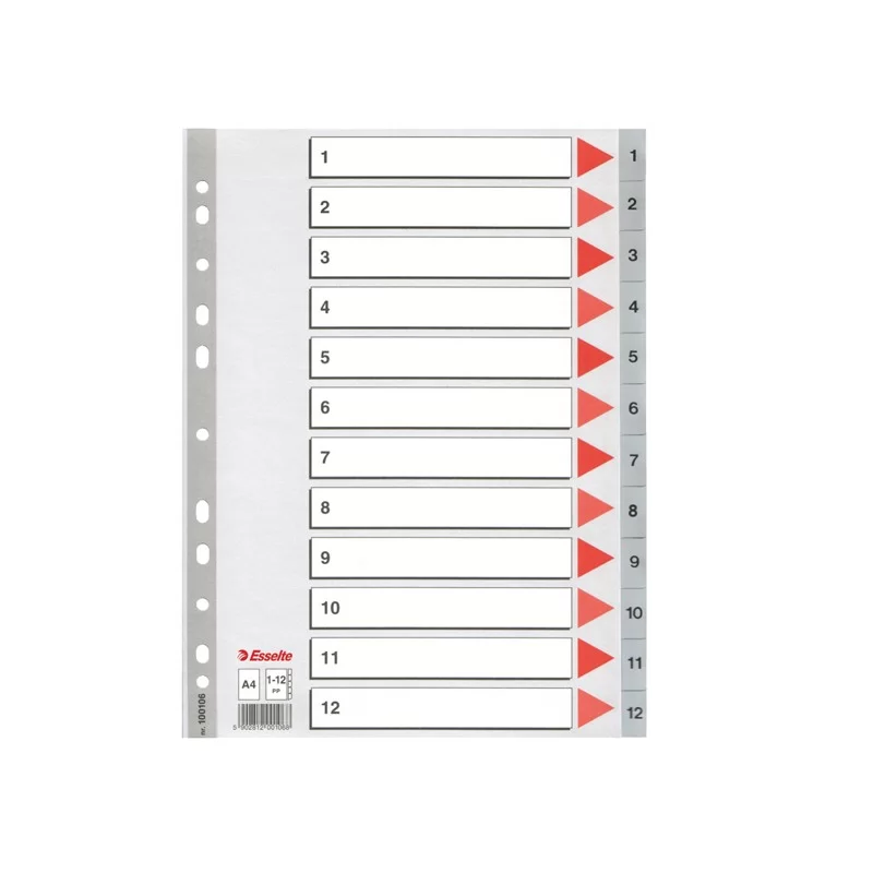 Separatore in PPL grigio numerico 1-12 A4 22,5x29,7cm ESSELTE (Conf.10)