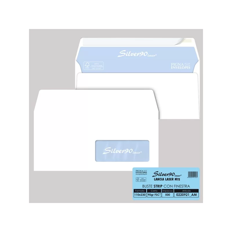 500 busteSILVER90 STRIP LASER FSC®bianca intern. c/finestra110x230mm 90gr Pigna