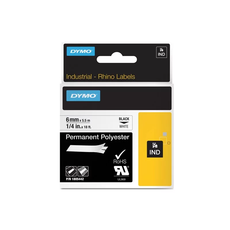 NASTRO POLIESTERE PERMANENTE 12mm x 5.5mt nero su bianco 18483 RHINO