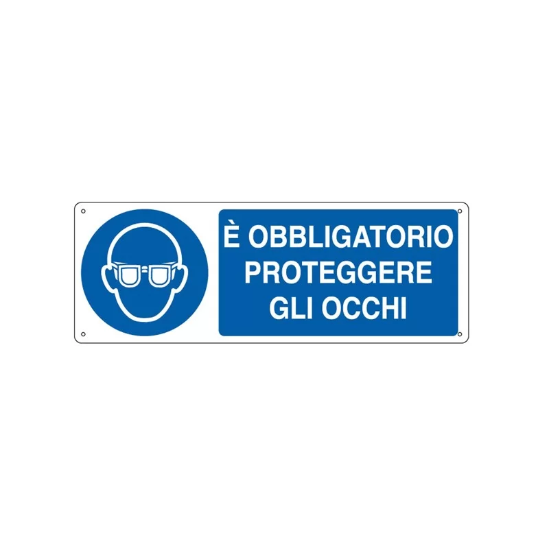 CARTELLO ALLUMINIO 35x12,5cm 'E' obligatorio proteggere gli occhi"