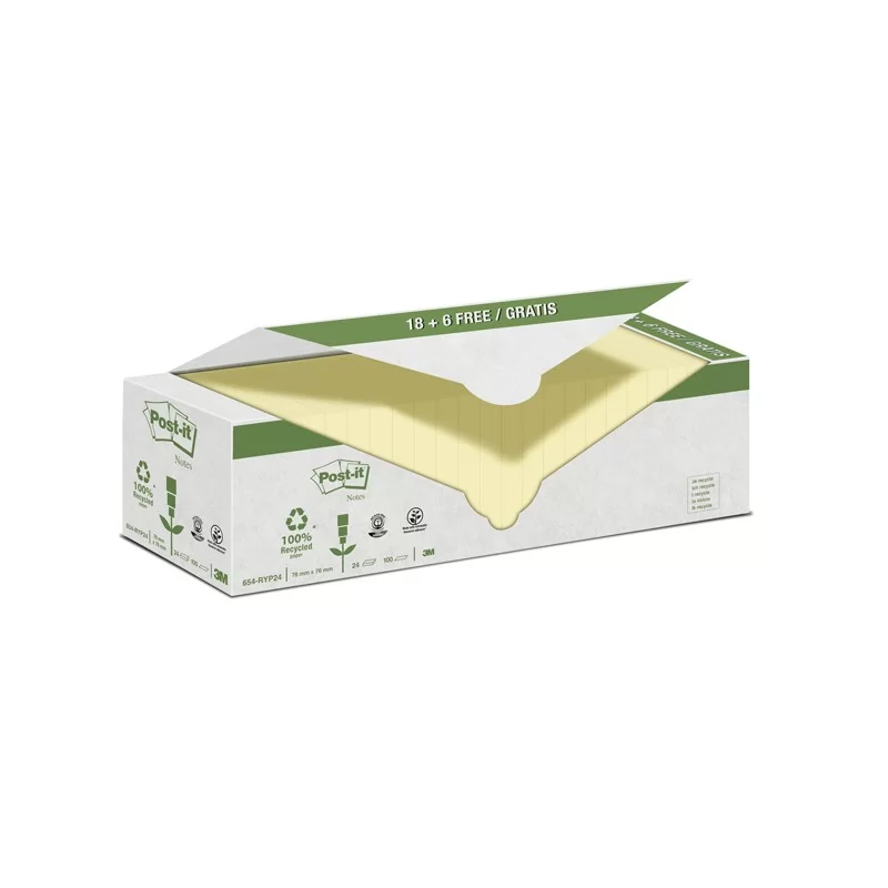 VALUE PACK 24 BLOCCO 100fg Post-it® CARTA RICICLATA GIALLO 76X76MM 654-RYP24