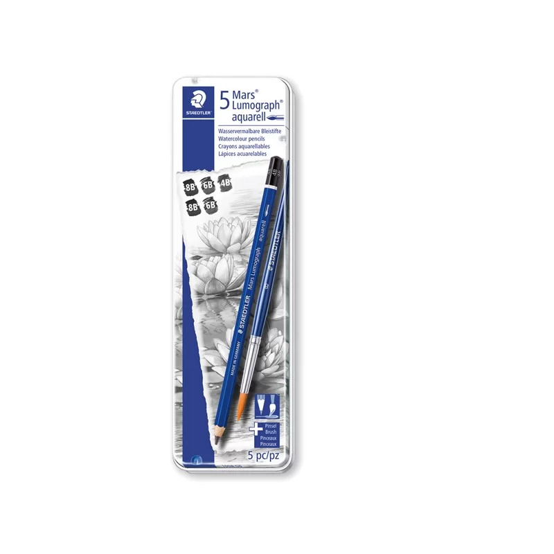 Astuccio metallo 5 matite+pennello Mars® Lumograph® acquerell. 3 grad.Staedtler