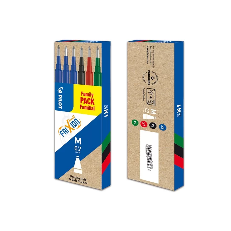 Set 6 refill FRIXIONball 0.7mm 3 blu,1 nero, 1 rosso, 1 verde PILOT