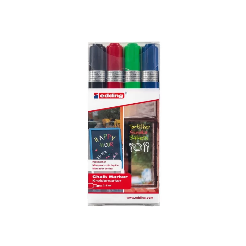 Astuccio 4 marcatore EDDING 4095 punta conica gesso liquido col.assortiti