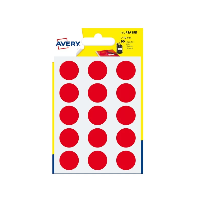 Blister 90 etichetta adesiva tonda PSA rosso Ø19mm Avery