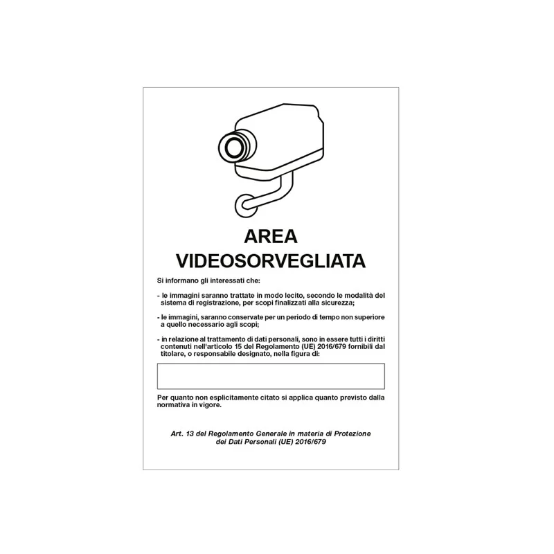 Cartello alluminio 20x30cm 'Area videosorveglianza con registrazion' rif.GDPR'