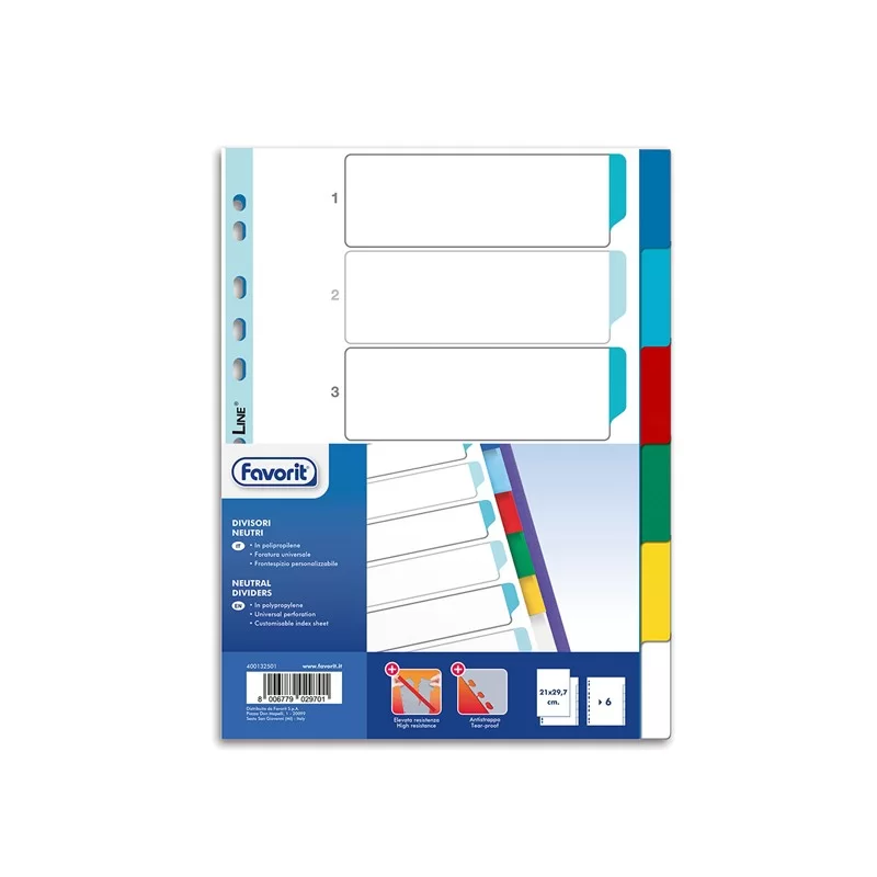 Divisori neturi PP A4 6 tacche col. Ass. Favorit