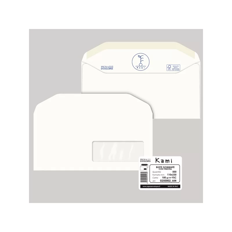 500 busteKAMI GOMMATE bianca carta riciclata FSC®c/finestra110x230mm 100gr Pigna