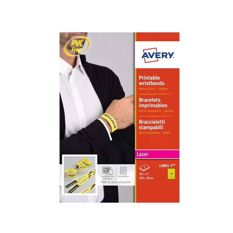 Braccialetti identificativi Giallo 5fg A4 265x18mm (10et/fg) laser Avery FUORI CATALOGO