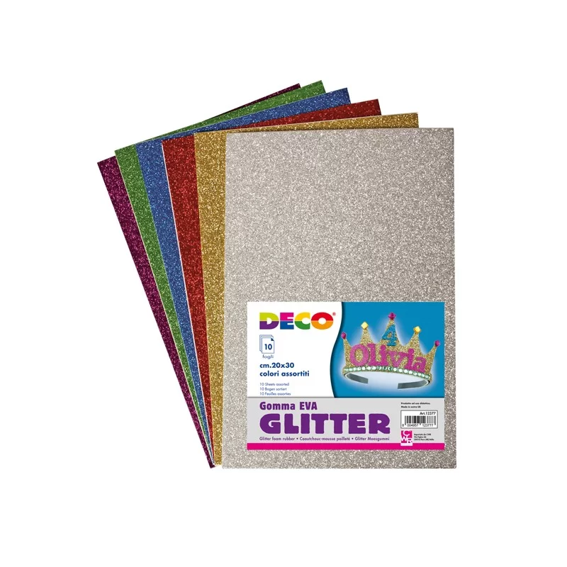 Busta 10 fogli Gomma Crepp Glitter 20x30cm colori assortiti DECO